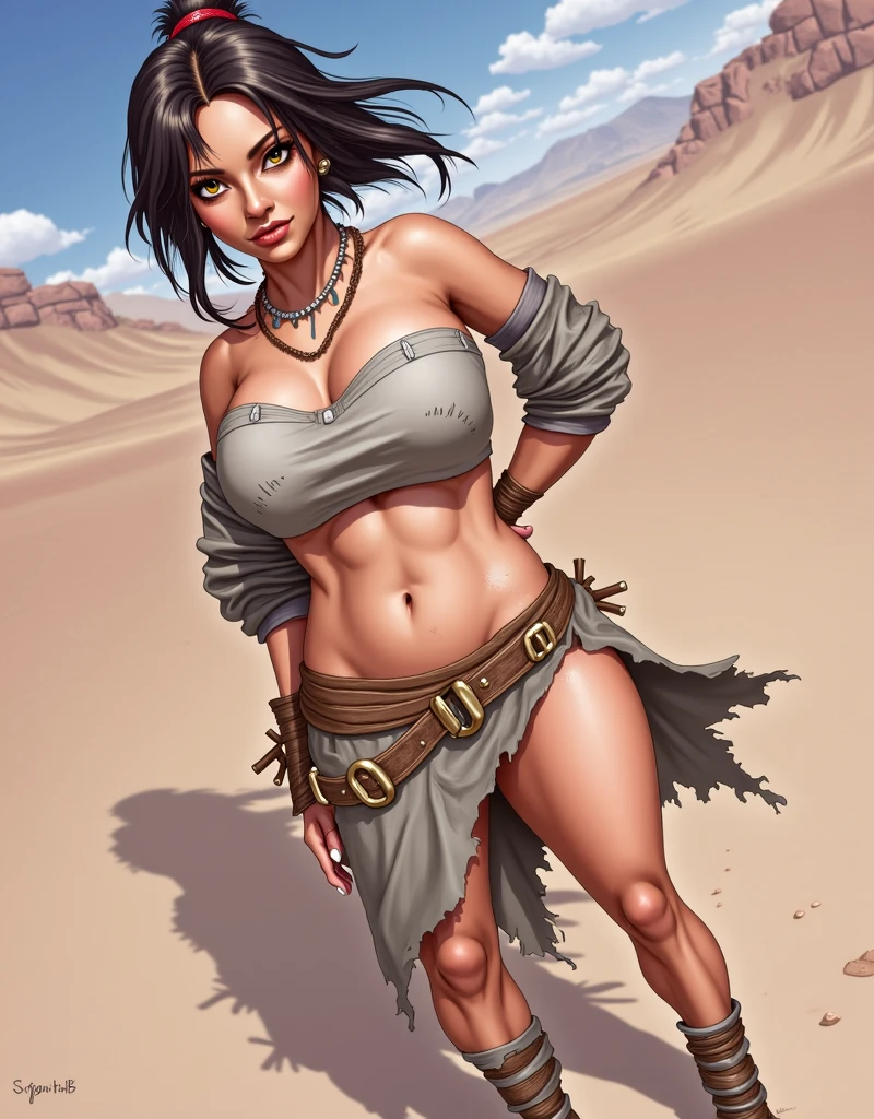 Creating an illustration of a woman in her thirties, shoulder length black hair with a back side bang, black eyes, dark skin. happy expression - she's wearing nothing, she nude, she have erect dick oh her!!!, make full body - she's walking in a desert - digital art style