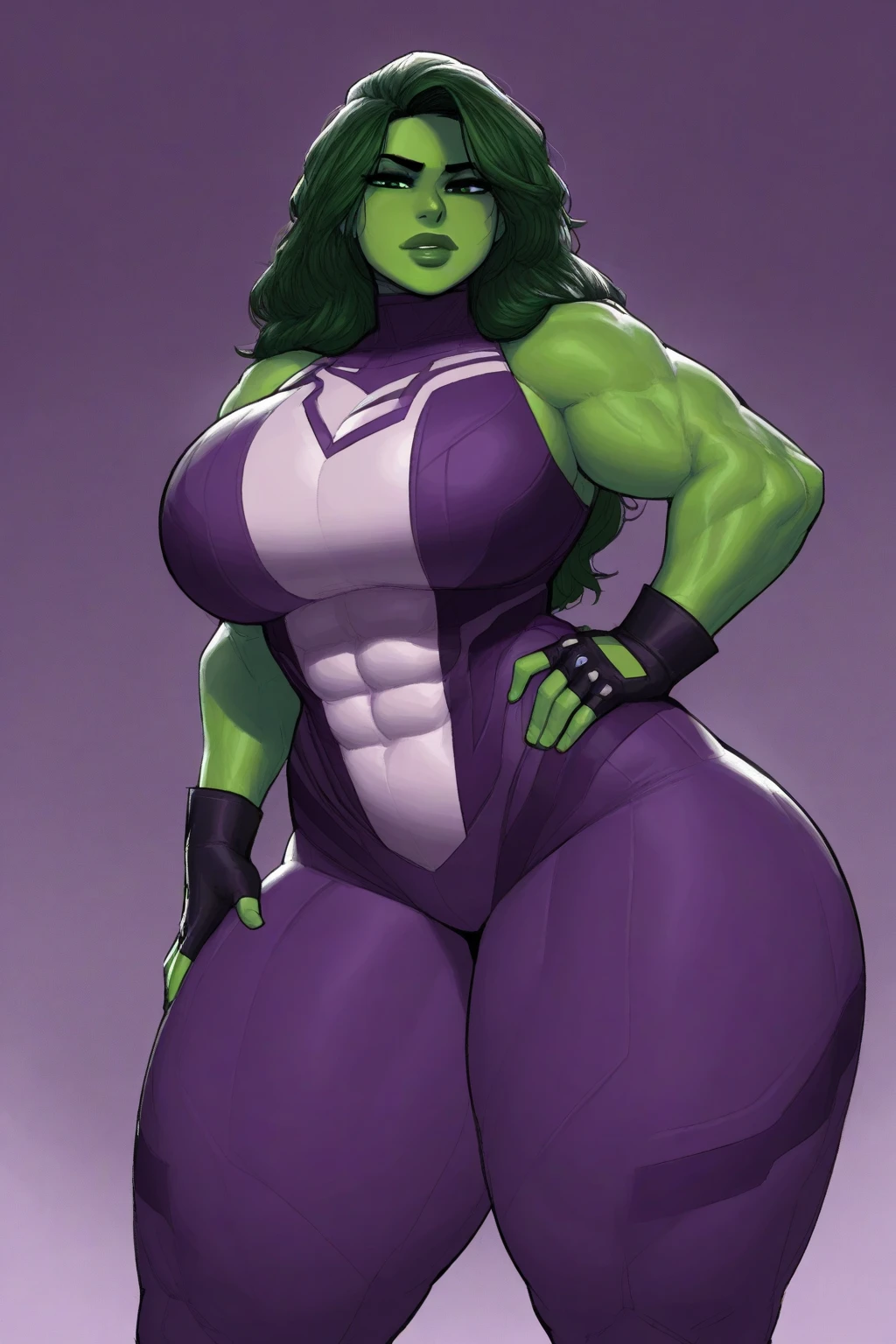 ((Masterpiece)), ((Best Quality)), ((Solo)), ((alone)), ((1girl)), straight-on,pose,looking at viewer,solo, BREAK, CARTOON_shehulk90s_purpleswimsuit_ownwaifu, www.ownwaifu.com, very long hair, long hair,(green skin:1.2),colored skin,breasts,green hair,muscular, large breasts, makeup,lips,big hair,muscular female,abs,collarbone,lipstick,eyeshadow,navel,green eyes, tall female, purple bodysuit, purple leotard, cleavage, skin tight, highleg, highleg leotard, official art,extremely detailed CG unity 8k wallpaper, perfect lighting,Colorful, Bright_Front_face_Lighting,shiny skin, (masterpiece:1.0),(best_quality:1.0), ultra high res,4K,ultra-detailed, photography, 8K, HDR, highres, (absurdres:1.2), Kodak portra 400, film grain, blurry background, (bokeh:1.2), lens flare, (vibrant_color:1.2),professional photograph, (beautiful_face:1.5), (((accurate anatomy))), (((Huge breasts))), ((long legs)), ((wide hips)), ((((Muscular Legs)))), (((Massive Female Bodybuilder))), (((((Huge Muscles)))))