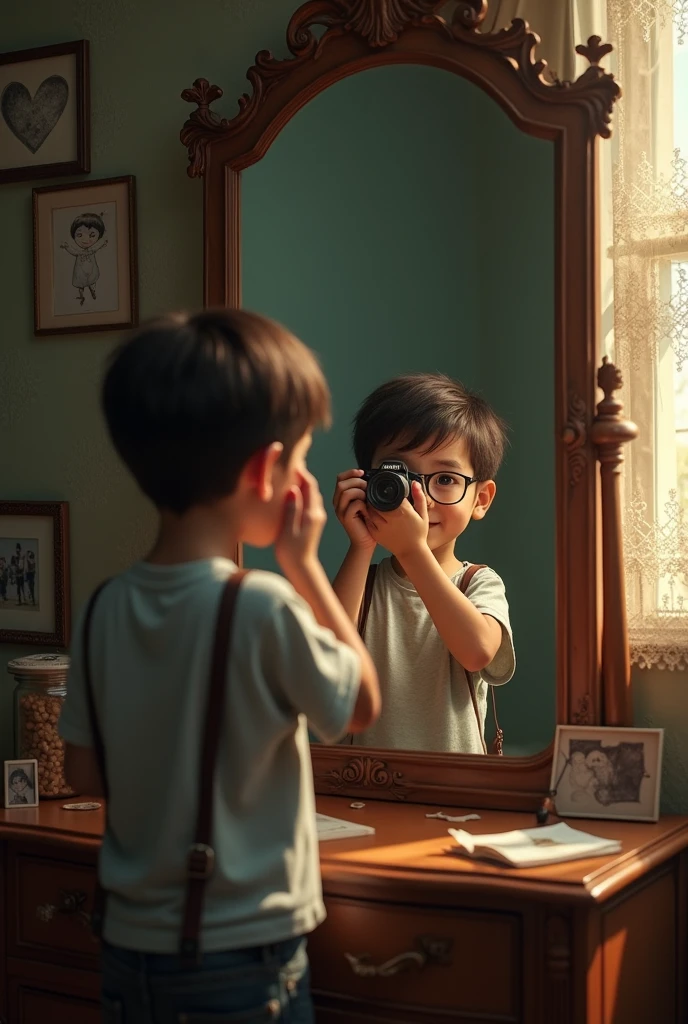 A realistic image of a boy taking a photo in front of the mirror 