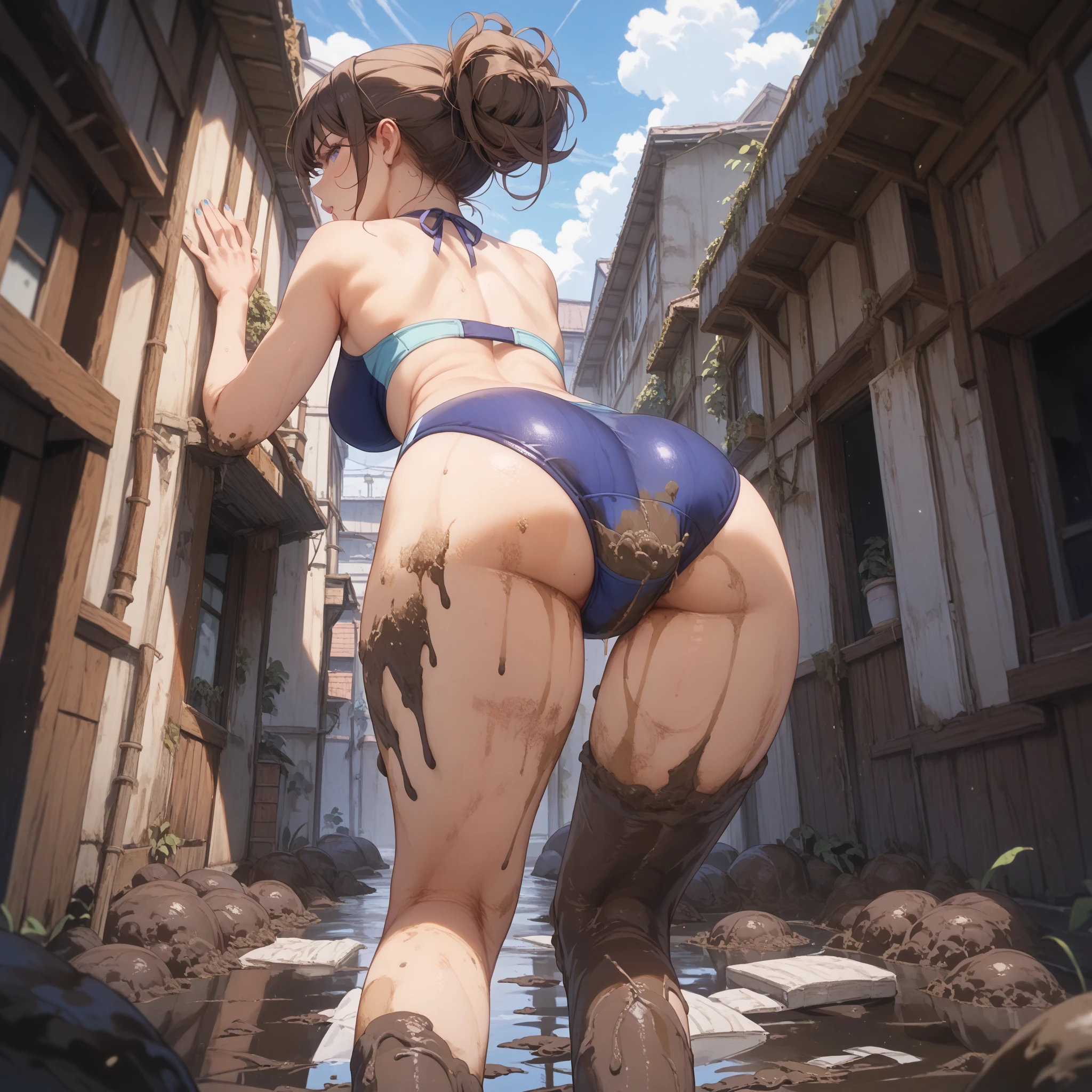 8K high quality,high Jmg, eve2, ponytail, nude, peek-a-boo, simple background, pink background, big tits, big tits, nipples, ponytail, black hair color, (back view) (crouching position), squatting,Farting, ((farting)))((Urine leaking from groin)) ((Urination))((Urine leaking from the crotch))((Urination))((Farting from the butt hole)))((Farting)))((urinating profusely))(yellow puddle at his feet))