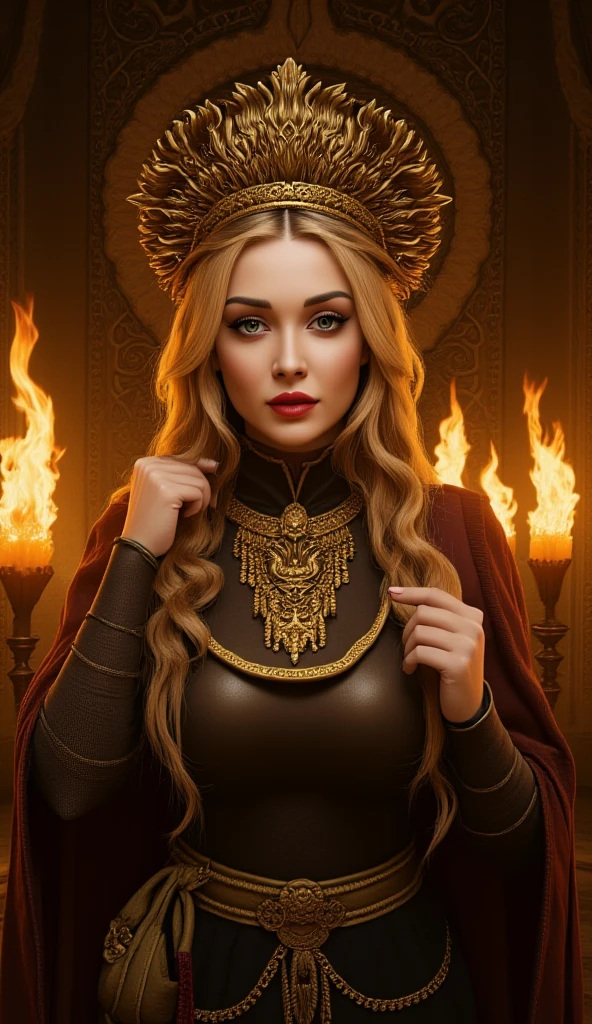 masterpiece photo of beautiful viking woman in her 30s, on wooden ship at dusk, moody, angry, fur and leather outfit, antler crown,(cleavage:1.1), round face