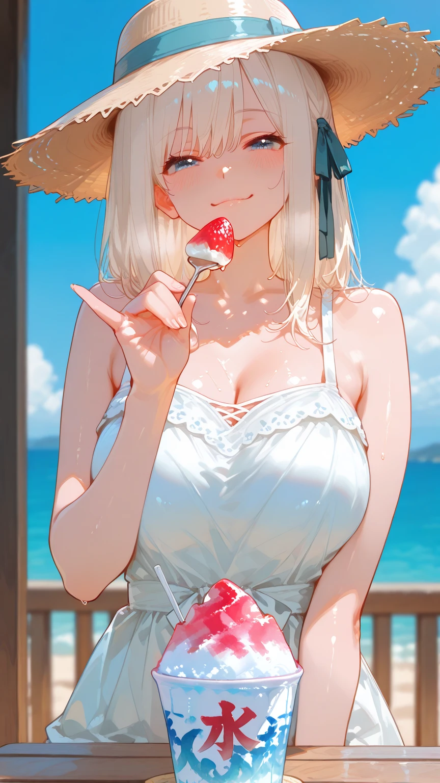 Best Quality, 2B Nier Automata, in mini bikini, voluptuous, eating strawberry ice cream, sweating a lot, on the beach