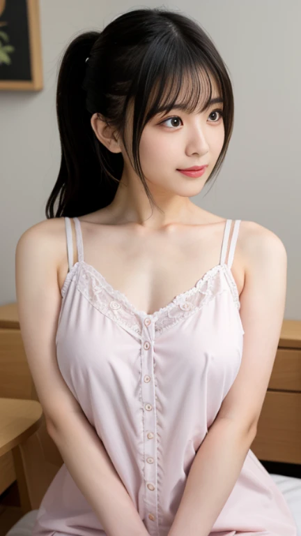 (masterpiece:1.4), (best quality:1.4),Japanese,20 years old,cute girl, 1girl, looking at viewer,(cute smile),solo,(undressing),(undressing knit), armpit,underwear, bra, arms up,night, undressing, cute pink bra, realistic,medium breast