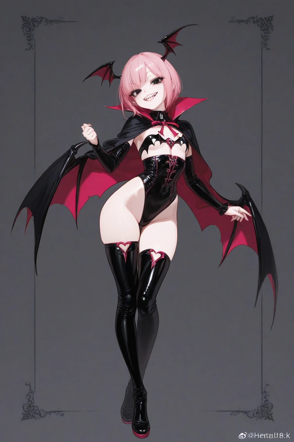 Design a full-body 2D anime character of a devil girl. She has sleek, dark crimson hair styled in sharp, angular layers and piercing, glowing violet eyes. Her outfit consists of a black and red corset with spiked shoulder pads, matching thigh-high boots, and a flowing, tattered skirt. She has sleek, bat-like wings extending from her back and a pair of curved, black horns on her forehead. Her accessories include a choker with a ruby pendant and fingerless gloves with metal accents. Her pose is dynamic and commanding, with a mischievous smirk and a confident stance