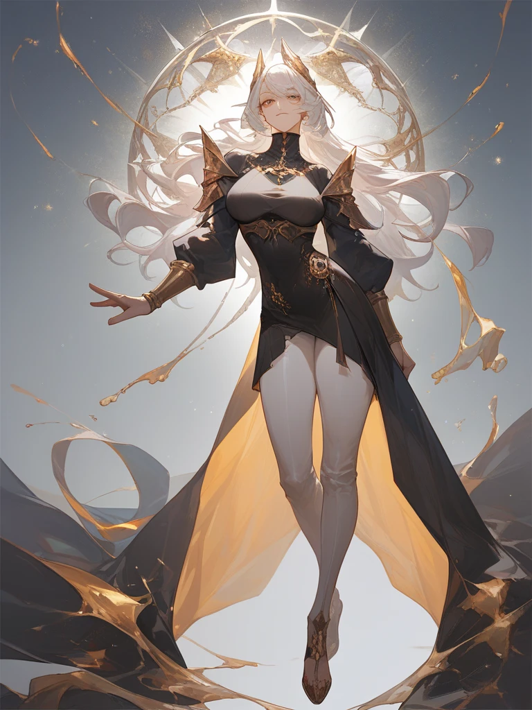 (Very detailed 8K wallpapers), medium plan ,goddess, pale skin, large bright yellow eyes, very long white hair, half naked, transparent clothes, large breast, nice ass,sharp features, pronounced cheekbones, perfect figure, shiny skin, star robe decorated with a pattern of runes and planets, finger rings, criminal necklace around the neck, black stockings, choker, open space, planets and stars in the background, attention to detail, high detail, many details, intricated, higly detailed, dramatic