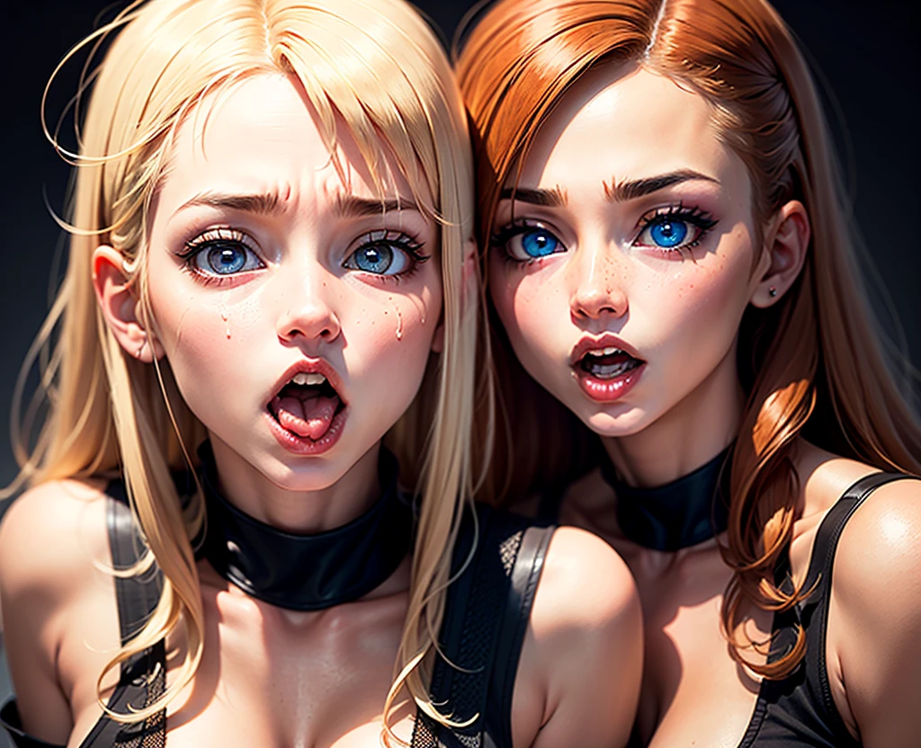 A realistic rendering of a David Wright style illustration of a very close shot, ultra close shot on the breasts  of  three girls, 3   pert, nubile, thin,  Freckled, teen   girls,  best quality, one's open mouth positioned close to the other's nipple, one's nipple positioned close to the other's mouth, with 50s style, very short, brown and blonde hair, topless, bare breasts, small breasts, little breasts, tiny breasts  pink nipples , puffy nipples , exposed nipples ,  wearing glowing, neon, pastel colored body harnesses, black leather, black lace,  open blouse, undressing,     uniform, partially clothed,  silver art deco design background