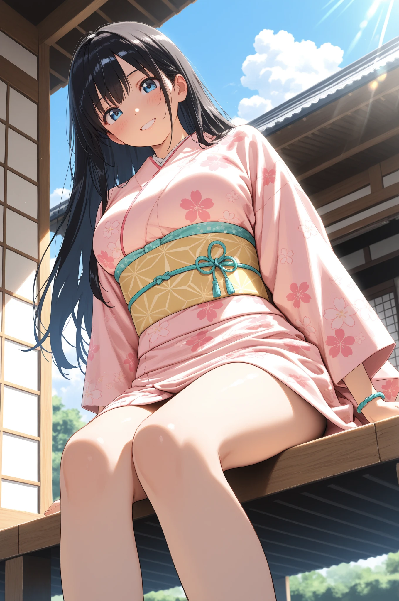 1 Girl, Solitary, looking at existiewer,
Ararat month and day, Hair accessories, existery long hair, Ahog, Japanese clothes, blue kimono, egg Hair accessories, parted bangs,
Smile, open mouth, garden, Trees, Flowers, exist,  (Skirt lift:1.3), (thongs:1.1),White panties

