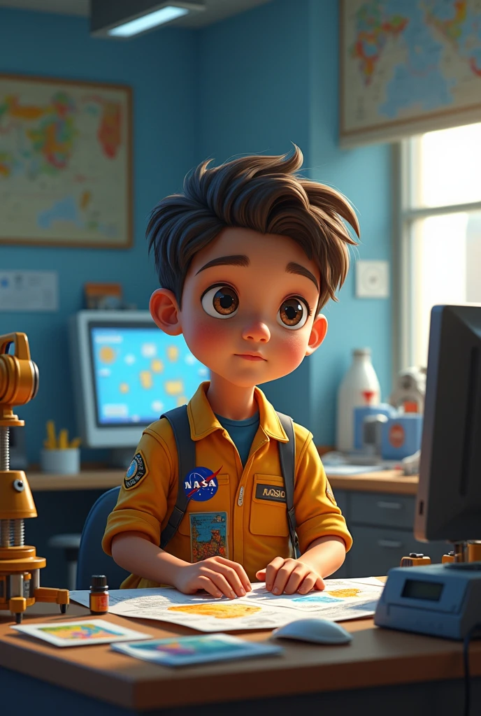 a happy cute ??? standing short hair, vestindo uma fantasia espacial, , fundo branco, barnet, Tom, Estilo Pixar, ....3d, desenhos animados, rosto detalhado, asymmetrical 16k