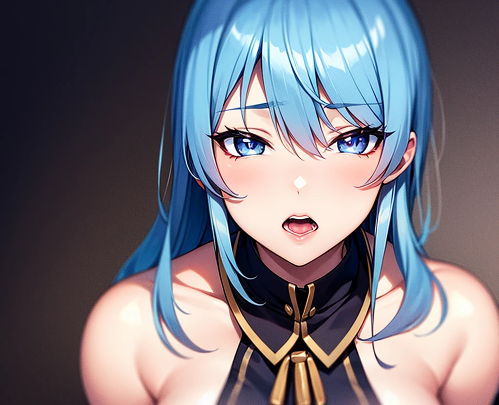 perspective,(Face waiting for kiss:1.4),1 girl,(stylish black cloth:1.5),masterpiece,highest quality, unreal engine, super resolution, very detailed,big breasts, waist, thin, (muscular:0.8) ,blue long hair,purple eyes
