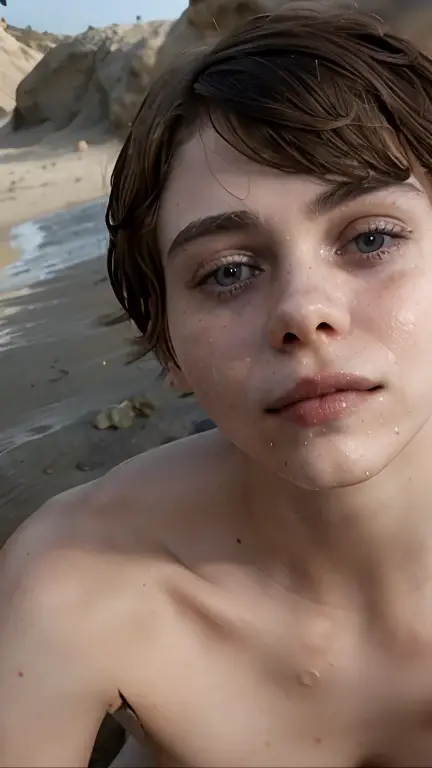 Sophia Lillis naked coming out of the water, Mermaid tail, Ariel, bare chest, waves hitting your body, freckled face,whole body,lying in the sand, legs open, Closed mouth, front view, taking a selfie, wet, drops of water running down the face,short hair,wet hair ,,pink nipples, freckles on the chest,visible ribs, muscular ,Delgado, Skinny, hairy vagina ,