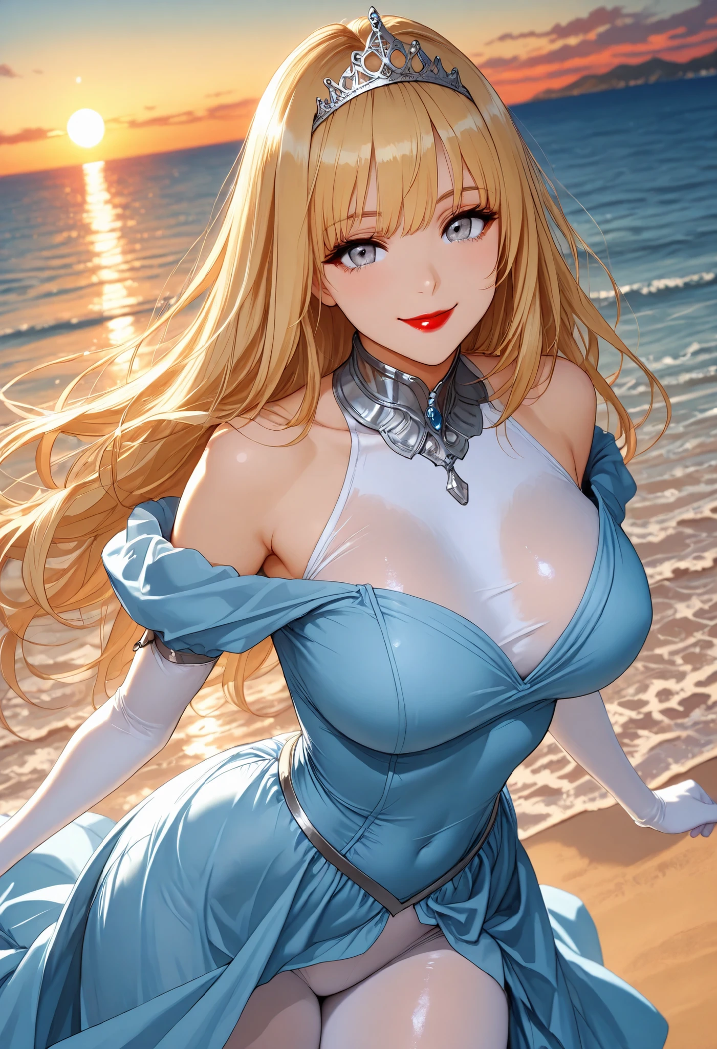 ((high detailed, best quality, 4k, masterpiece, hd:1.3)), ((best quality)), (((HD))), (((8k))), (ultraDH), (ultra HD), Princess Daisy, blue eyes, BREAK blue eyes, seductive, attractive, smooth anime cg art, 36C breasts, long legs, vivid colors, detailed digital art, slim body, perfect skin, dark blonde hair, long hair, blonde hair, blonde hair, BREAK crown, cleavage, 36C cleavage, looking at viewer, BREAK looking at viewer, extremely detailed face, red santa suit, red santa claus suit, santa claus suit, earrings, gem, dark black makeup lips, dark gothic eyeshadows, dark eyeshadows, black eyeshadows, black sexy lips, black lips, (dark:1.2), dark lips, very dark lips, (perfect hands, perfect anatomy), black makeup, black medium lips, black thick lips, detailed fingers, five fingers per hand, 5 fingers, (1 girl), detailed lips, detailed black lips, black painted lips, gothic painted lips, BREAK night, night sky, (breast focus), (arms outstreched:1.2), (from above:1.1), (breasts out:1.3), (off shoulder:1.1), (white horns), (bra), inside a lava castle, she inside a sea of lava, she bathing in lava,