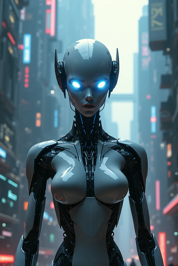 a robot woman, monolithic smoothed steal helmet, cinematic lighting, detailed, soft shadows, studio lighting, cinematic shot, sex bot, realistic small tits, light scene, nipples, gray metalic shiny body paint, monolithic body, retro futuristic style, ultra detailed cyberpunk city on background, dark grey detailed skyscapers with red lightning