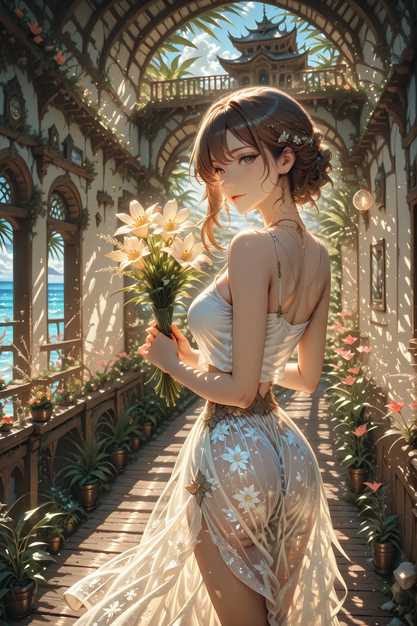 masterpiece, Ultra detail, high resolution, romantic portrait of a girl from the back, flowing brown hair to the waist, translucent white tank top, airy floral skirt, Delicate silhouette, a bouquet of wildflowers in her hands behind her, wooden terrace overlooking the sea, fantasy architecture, lush tropical vegetation, golden summer light, sea breeze 