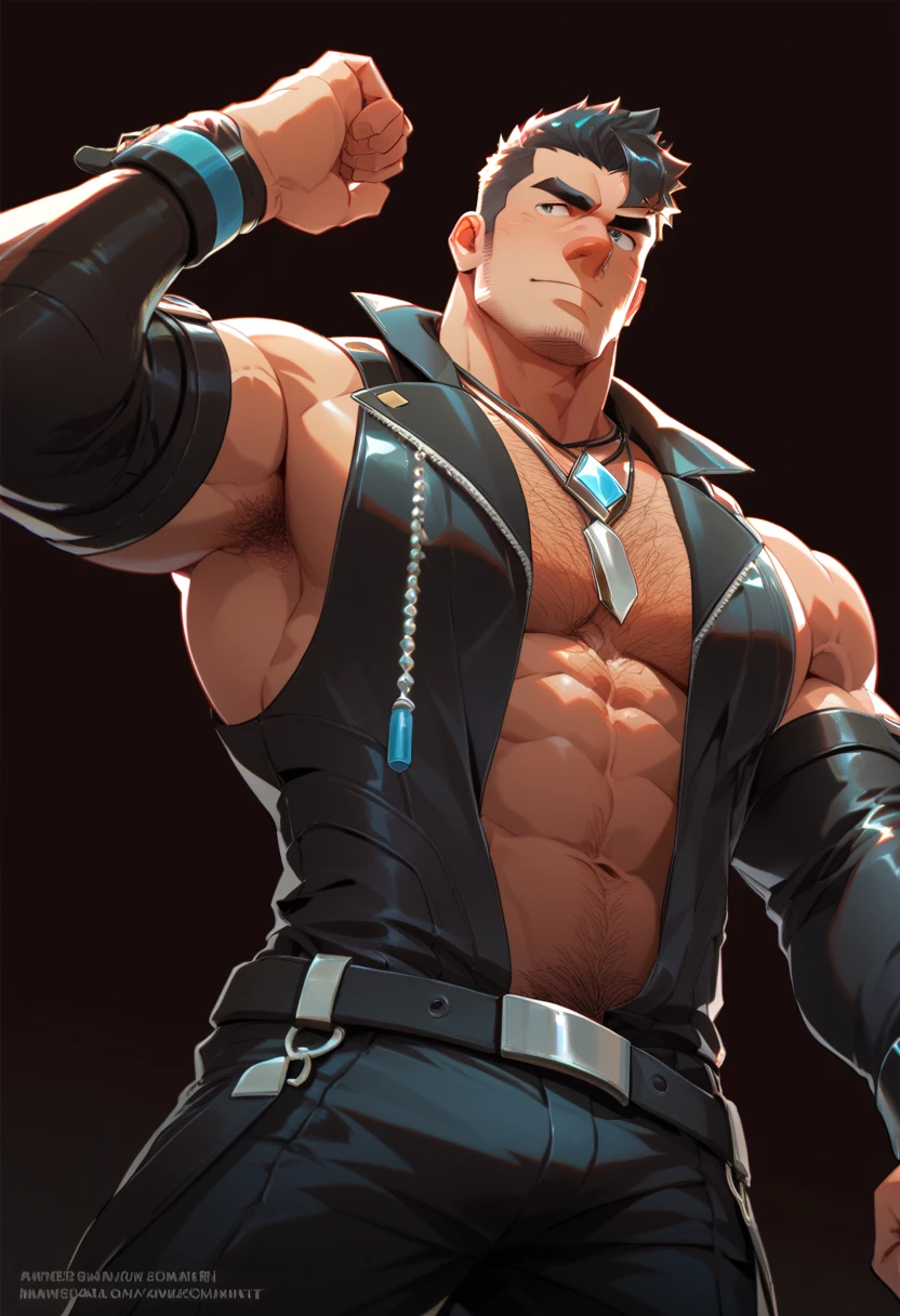 Solo, 1boy, Anime Character, matured male, Male Focus, Middle-aged man, White background, muscular male, large pectoral muscles, fit-muscled body, Square face, Brown skin, violet hair, Forehead, spiked hair, Shaved side hair, Undercut hair, Soft Mohawk, mechanic, (White Color Less Coat), Short sleeves, Cargo pants, earrings, Necklace, goatee, facial hairs, Blue eyes, ((Narrow eyes)), ((Small eyes)), (angry), Leather gloves, Ultra-detailed face, Best Quality, detailed clothes, masutepiece, grappler, (Fighting Pose), actionpose, Dynamic angles