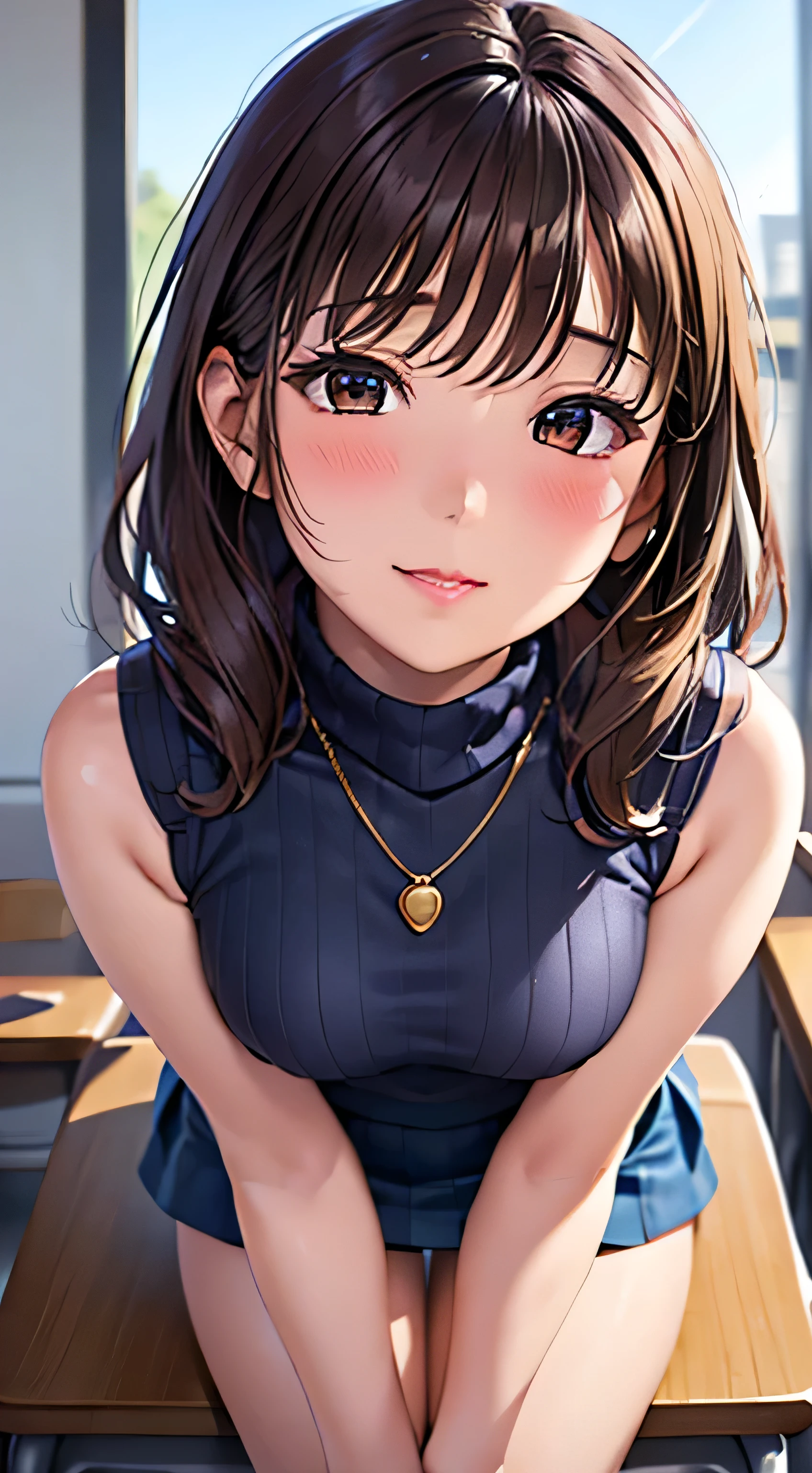 (Tabletop, highest quality, High resolution, , Perfect Pixel, 4K,), 1 girl, single, alone, Beautiful woman、I could see the whole body、 ((Wavy mid-length hair, bangs, Brown Hair)), ((Brown eyes, Beautiful eyelashes, Realistic eyes)), ((Detailed face, blush:1.2)), ((Smooth texture:0.75, Realistic texture:0.65, Realistic:1.1, Anime CG Style)), Medium Chest, Dynamic Angle, Perfect body, female teacher、((, White sleeveless turtleneck sweater、Black Long Pleated Skirt、Black Stockings、Cute Necklace、Earrings、)), look up、A shy smile、Accentuate your breasts、Leaning forward significantly、)、Angle from below、classroom、Sit on a chair、、