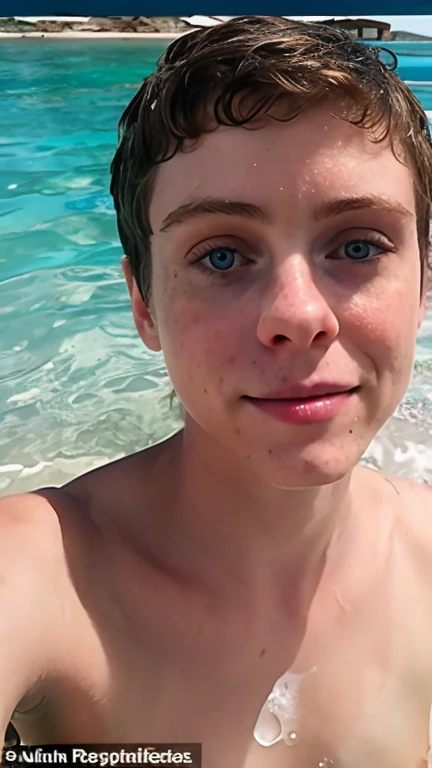  Sophia Lillis ????? coming out of the water,bare chest, waves hitting your feet, freckled face,whole body, lying in the sand,  legs open, looking ahead , taking a selfie, wet, drops of water running down the face,short hair,humid hair ,pink nipples,  freckles on the chest,visible ribs, muscular ,Delgado, Skinny, hairy vagina ,
