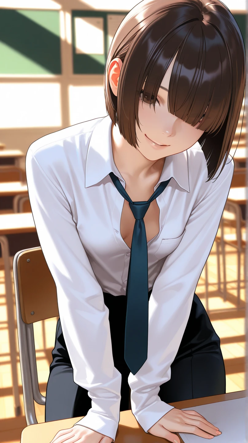 best quality, detailed face, highres, 1girl, middle breast, smile, silky shirts , dark gray skirt, good anatomy, looking at viewer, soft focus, cinematic lighting, depth of field, ((happy expression)), middle hair, bare legs, asymmetric hairstyle,