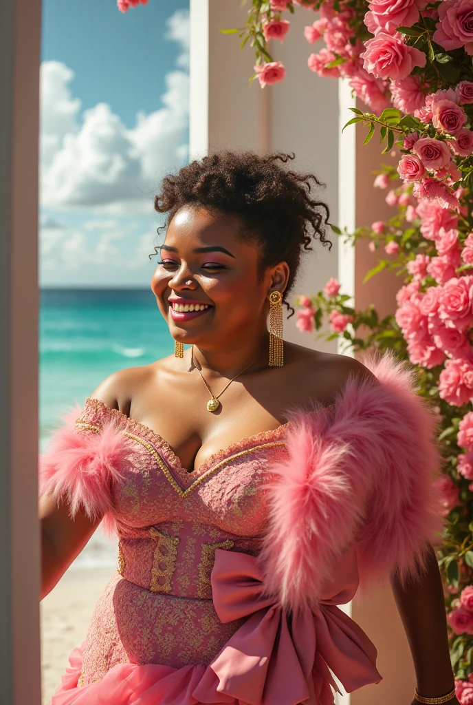 best qualityer, work of art, photo realist, 8k, extreme resolution, ultra high resolution, dynamic lighting, real lighting, darkskin, curly hair, nphiural textured skin with pores, symmetrical face, gorgeous eyes, smooth and shiny lips, gazing_phi_viewer, ssmile, regatta, jeans, backyard of house, detailed back ground, with a glass of drink on the wooden table(( phi copo tem líquido brilhante como glitter e perolado rosa)) She is drinking a pearly pink drink