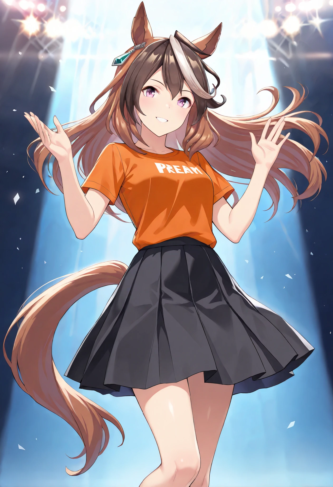 (masterpiece, best quality, perfect face:1.4), symboli rudolf \(umamusume\), 1girl, floating hair, brown hair, long hair, multicolored hair, horse ears, ear ornament, horse tail, tail on the lower back, proportional body, proportional, beautiful hair, beautiful face, beautiful detailed eyes, beautiful clavicle, beautiful body, beautiful chest, beautiful thigh, beautiful legs, beautiful fingers, looking at viewer, BREAK, orange t-shirt, long black skirt, big smile, hands raised high in joy, textured skin, real skin, HDR, BREAK, good hands,