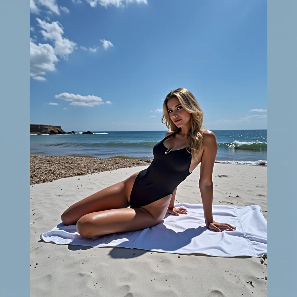 Una mujer europea hermosa y delgada, posando en una playa