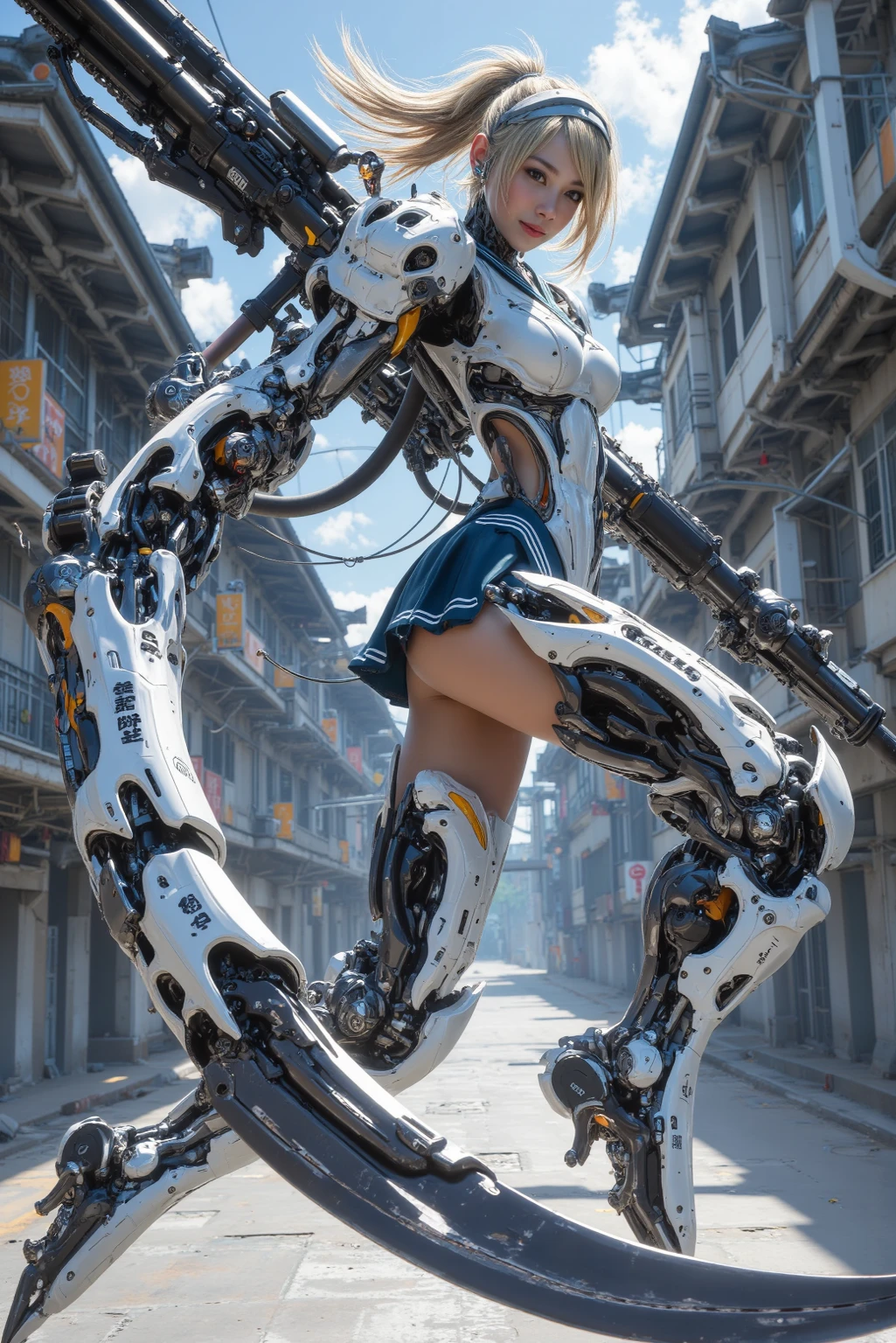 (highly detailed:1.5), (8k), futuristic mecha girl on the cover of a neon-lit science fiction magazine, style (cyberpunk:1.3), wearing an elegant battle suit with bright details, posing sensually, (bold typography:1.2), dynamic composition, vibrant colors, (Akira style:1.1), (inspired by Hajime Sorayama:1.2), full body, details in red, yellow, blue, white, combat position,  detailed bikini, futuristic detailed kaneda bike, red hair with braids,