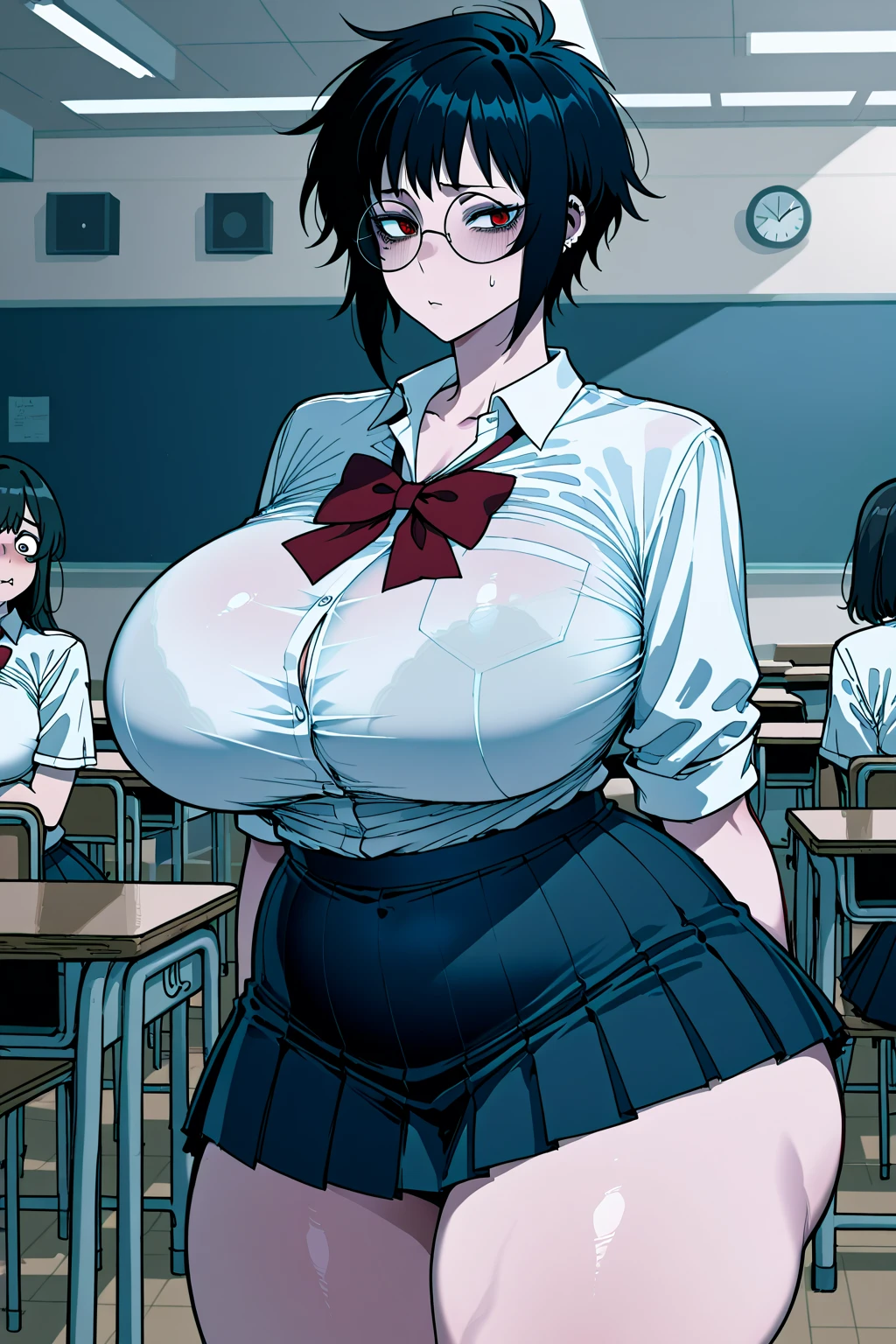 sexy woman, mature milf, brown skin, huge breasts, large breasts, curvy, voluptuous, completely nude, nude, pussy, nipples, black hair, brown eyes, tomboy pixie cut hairstyle, glasses, earrings, red lips, grinning, dynamic pose, standing, solo focus, classroom interior, indoor, (multiple students behind), crowd, school objects
