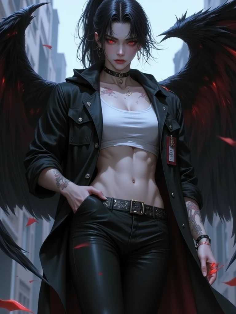 A close-up of a man wearing a hoodie with wings, Realistic 3D anime style, wiccan, The teenager has very short black hair, shaved sides combed forward shaggy with pointed shaggy bangs short cumbia inspired, on the moon, Full body of the character,with black sunglasses, angel tron, secondlife, grey anthropomorphic, something androgenic, por Mark Brooks, Full body CGsociety, well done hands