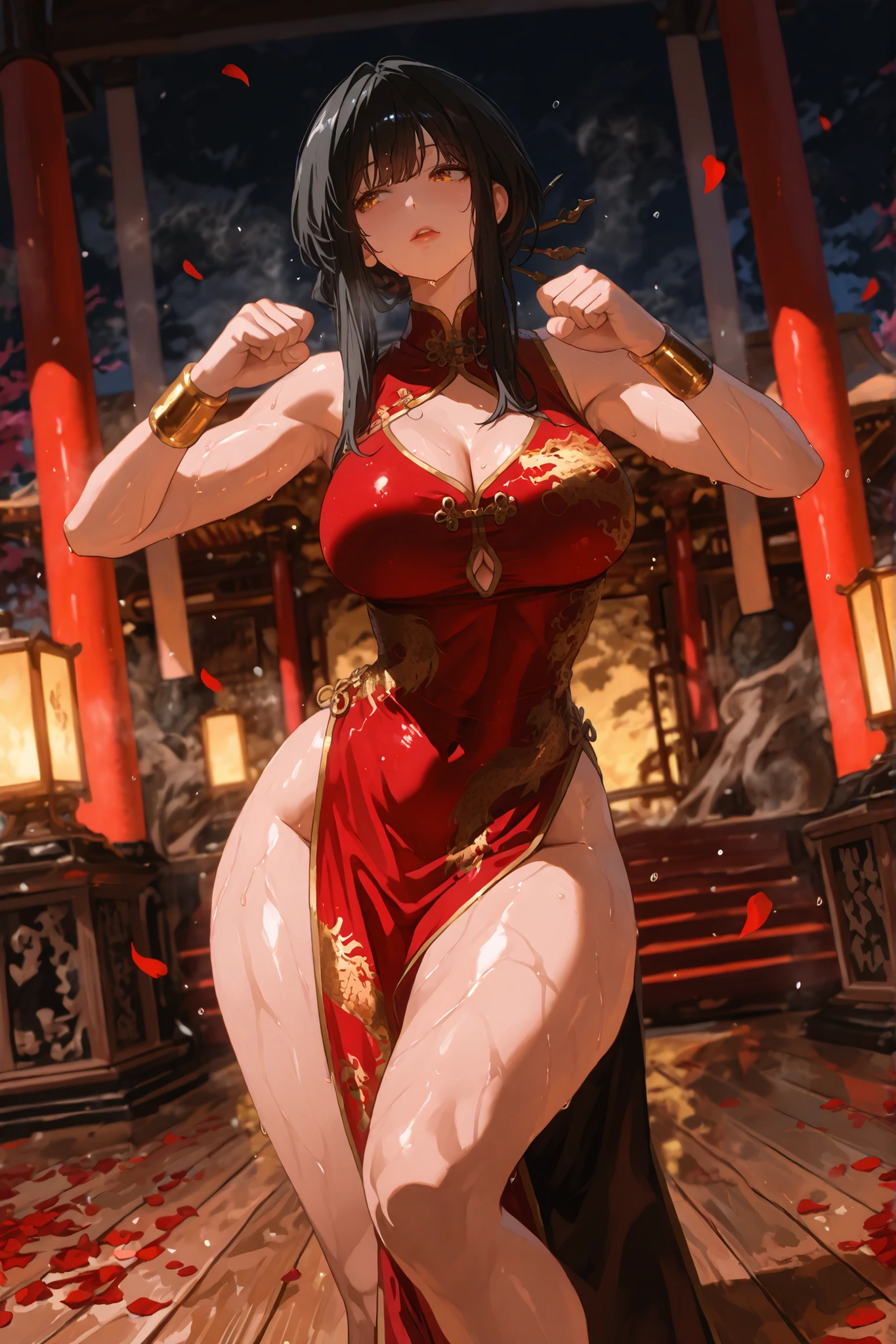 Attractive thighs A woman wearing a Chinese dress Large Breasts Breasts visible from the side Fighting in the ring A large amount of squirting juice is coming out of her vagina.