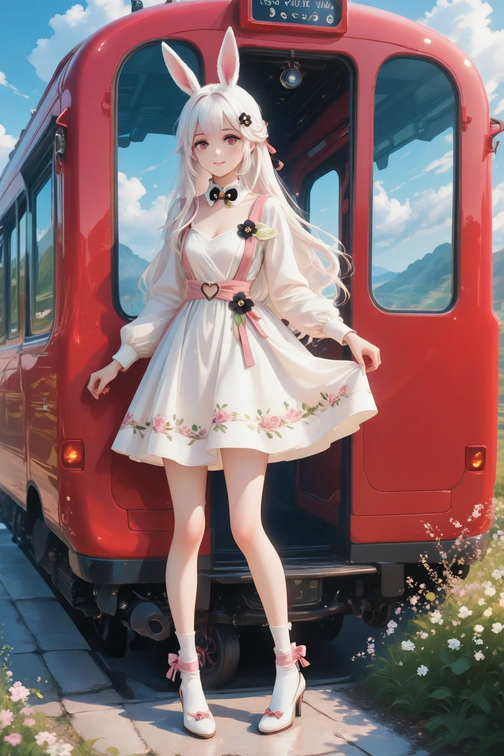 Highest quality, god, masterpiece, melancholy girl, slightly drunk makeup, red lips, exquisite CG, HD, absolutely beautiful, dreamy, light and shadow, white messy long hair, very long hair, yellow eyes, low neckline white dress, collarbone, sitting by the train window, (drunk, blush, half-closed, looking out the window), laughing, red lips, bent legs, leaning against the window, snowing, slender, snowing outside the window