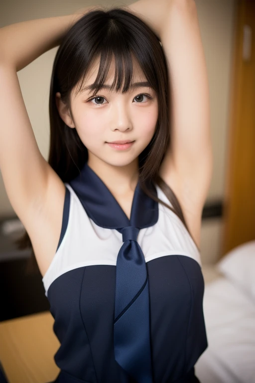 cute,teen,black hair,long hair,straight hair,with bangs,angelic smile,model,full breasts, armpits,on bed,summer sailor suit