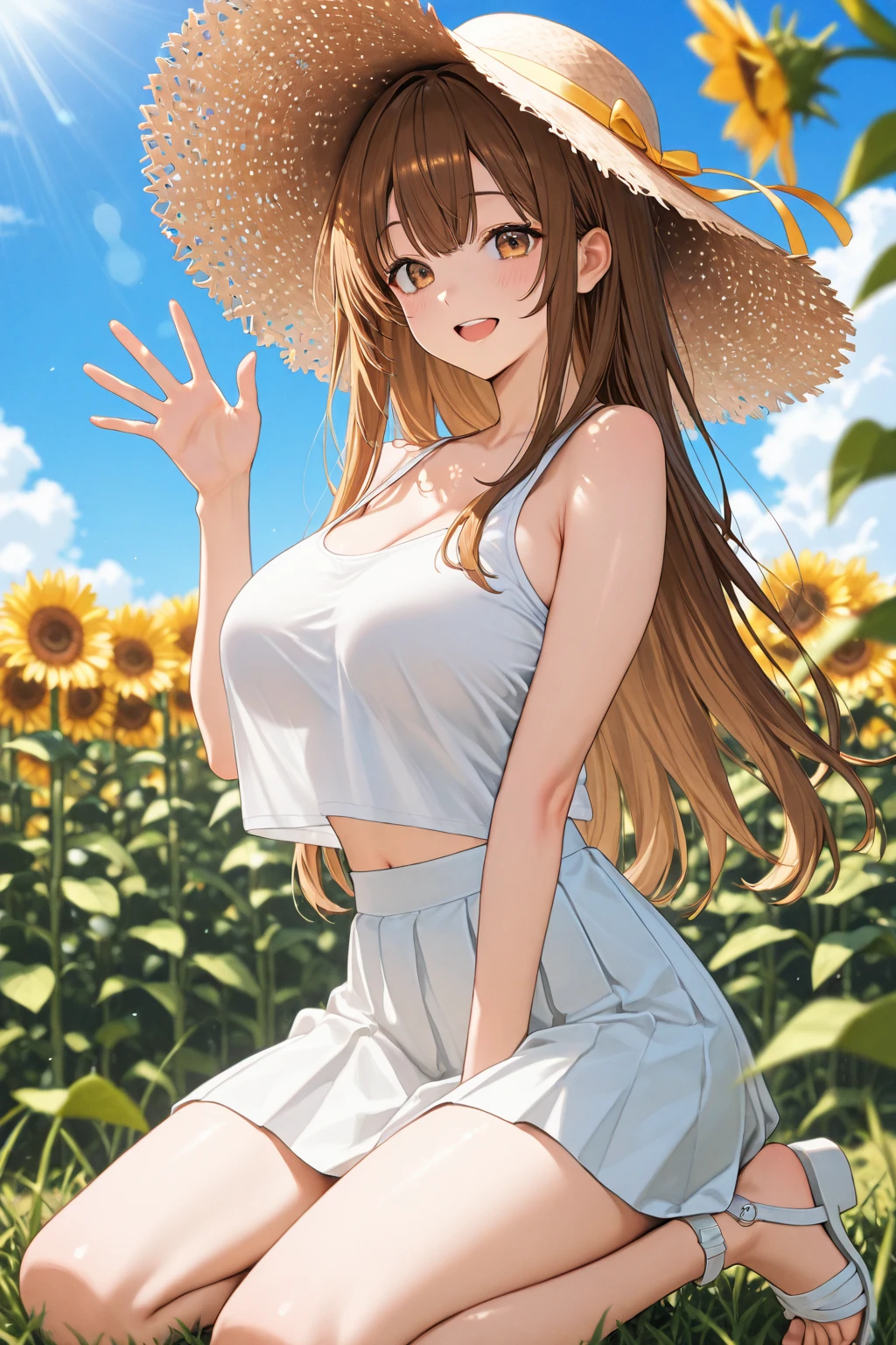1 girl, (((raised high huge round buttocks))), Wide A sunflower field in full bloom,Back view of a woman in Translucent white thong (underwear),long shot,wide view, commercial photography,award-winning photograph,(photorealistic),unity 8k wallpaper,(ultra detailed:1.3),(light_on_face:1.4),CanonEOS 5D MarkIV DSLR
