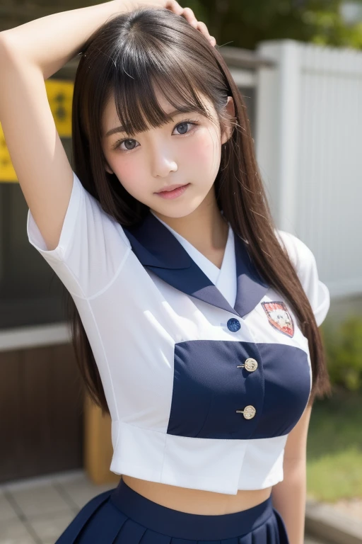 (highest quality,8k,High resolution:1.2),(Beautiful and realistic Asian:1.6)、(Cute Japanese Girl:1.4),(Huge breasts:1.25),(Attractive body),(school uniform,serafuku,Pleated skirt,Sailor collar,White shirt:1.2)、Professional photos、mysterious、Divinity、rainbow、