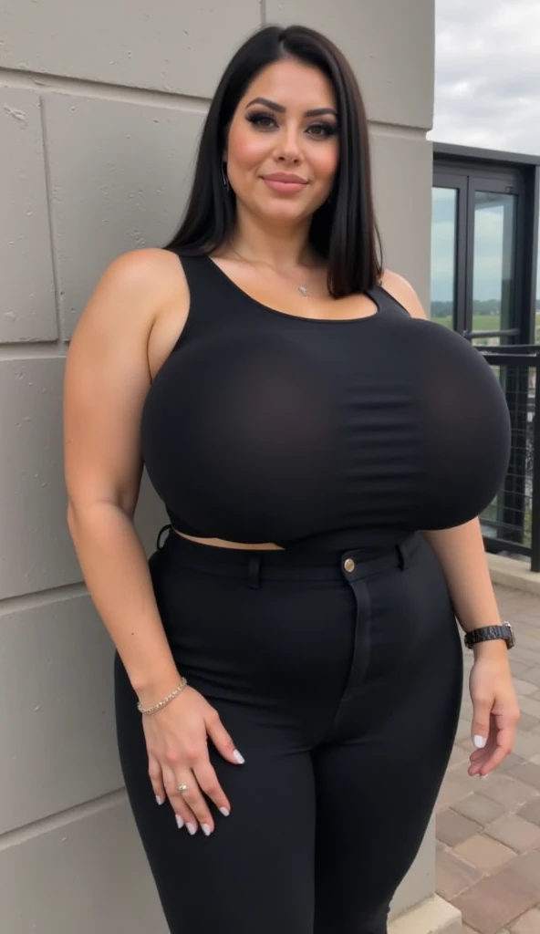 Pamelia J, milf, mature, short brown hair, brunette, faux bob hairstyle, high cheekbones, big lips, full lips, pouting, pouting lips, tall, curvaceous, small waist, big hips, hip dips, large breasts, big breasts, sagging breasts, long legs, turtleneck sweater, denim pants, Best quality, 8k, Masterpiece, realistic, photorealistic, (gigantic breasts:1.2)