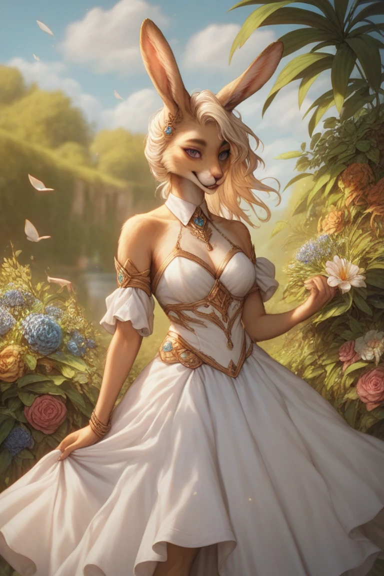 beautiful, (masterpiece), high quality, perfect lighting, Highly detailed CG Unity 8k wallpaper, High resolution, perfect lighting, youthful, adolescent, tall, slim, skinny, frail slender figure, slim legs, distinctly feminine figure, narrow hips, long legs, medium plump breasts, A beautiful fox-girl, with long, luxurious blonde fur that shines in the sunlight. Her hair is wavy and voluminous, with streaks of caramel brown running through it. Her eyes are a striking emerald green, and her expression is one of quiet confidence. She wears a flowing dress made of soft, patterned translucent fabric that showcases her elegant curves. and around her neck is a delicate gold necklace with a single sparkling gemstone.
She stands legs apart, hips bent heroic pose in front of a lush, green forest, the leaves rustling in the breeze.