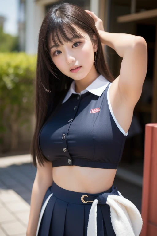 masterpiece, best quality, illustration, Super detailed, fine details, High resolution, 8K,wall paper, perfect dynamic composition,(Details High quality, realistic depiction of eyes:1.3), Photo of Japanese actress in American baseball studium, ponytail, (wavy hair:1.2), night, dark, cheerleader, short skirt, huge breasts, sneaker, (wavy hair:1.2), black hair color, Big Natural Color Lip, perfect body shape, bold sexy pose, crying a little、cold gaze, Harajuku style、20 year old girl、cute type、lolita、beautiful legs, full body photo、focus on crotch, hposing Gravure Idol