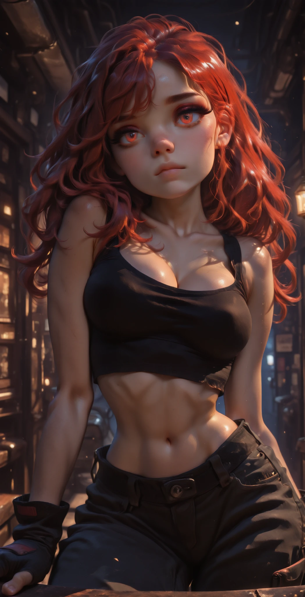 (masterpiece:1.35), (very aesthetic, best quality:1.3), highly detailed, dynamic lighting, dark environment, backlit, absurdres, detailed shading and textures, dark background, cyberpunk aesthetic, close-up, hyperdetailed, flat anime style, no lineart, detailed shadows and lighting, head tilt, dramatic lighting,

Indoors, sharp detail, solo, 

Adorable and attractive, female, disheveled hair, shiny hair, red hair, curvy and petite body, red eyes, perfect breasts, very narrow waist, skindentations, hip_indentations, very slender, round hips, thick thighs, swept bangs, disheveled hair, hair down, cleavage, 

Exposes midriff, revealing outfit, fingerless gloves, black tube-top, oversized and baggy pants, black cargo pants, impossible clothes, small abs,

Standing, dynamic pose, lips, eyelashes, eyebrows, eyeliner, 
