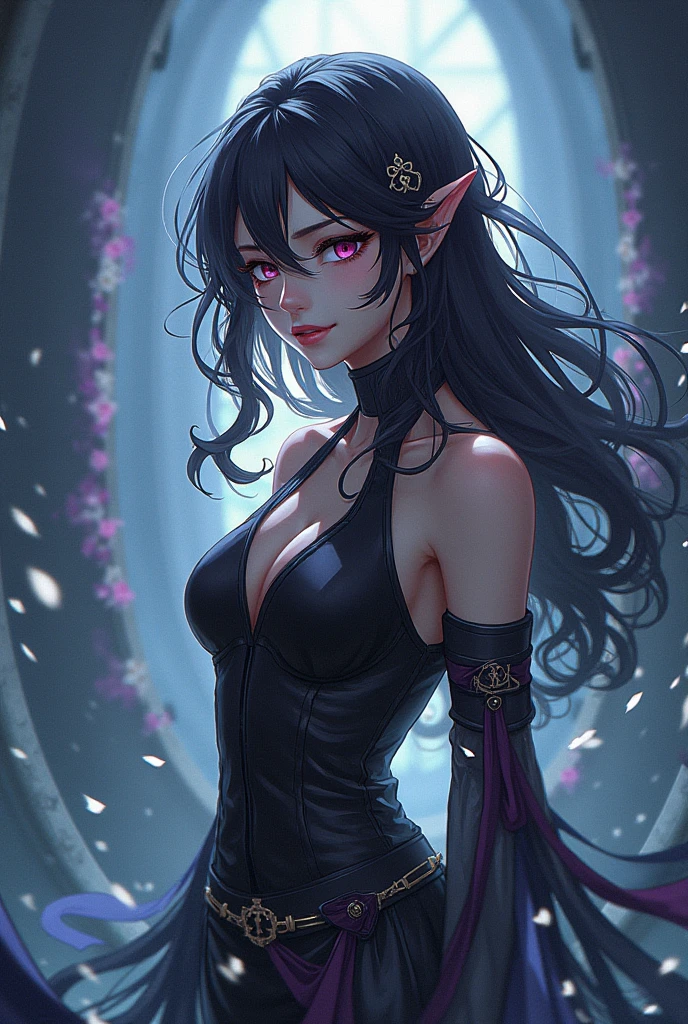 Ultra, high quality, masterpiece, 1girl, solo, black hair, wavy hair, long hair, blue eyes, glowing eyes, sultry eyes, juicy lips, plump lips, glossy lips, soft blush, dolly face, small elf ears, eyelashes, eyeliner, large breasts, thick ass, pale skin, black latex dress, short dress, standing sexily, realistic background, cinematic lightning, very detailed clothes, very detailed face, very detailed eyes, very detailed hair, ultra, best quality, masterpiece, looking at viewer, in love with the viewer.