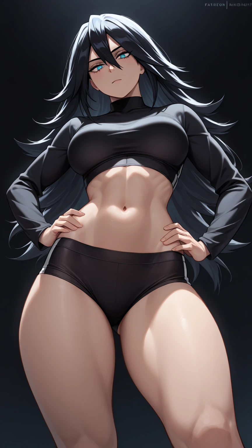 ((((muscular)))), ((thick thighs)), ((large breasts)), ((bra and panties)), very long hair, yellow eyes, pale skin, midriff, angry, black hair, slick hair