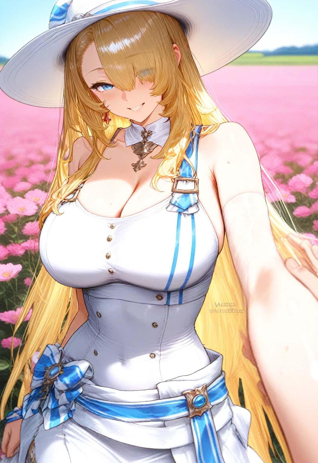 realistic:1.3), finely detailed, quality, rembrandt lighting, (masterpiece:1.2), (photorealistic:1.2), (best quality), (detailed skin:1.3), (intricate details), dramatic, ray tracing, 1girl,white girl, blonde hair, grey eyes,21 years old, medium breasts, (Meadow, Sun, Clouds, Field, Farming, Starlight, Walking trail),wearing towel,bare breast