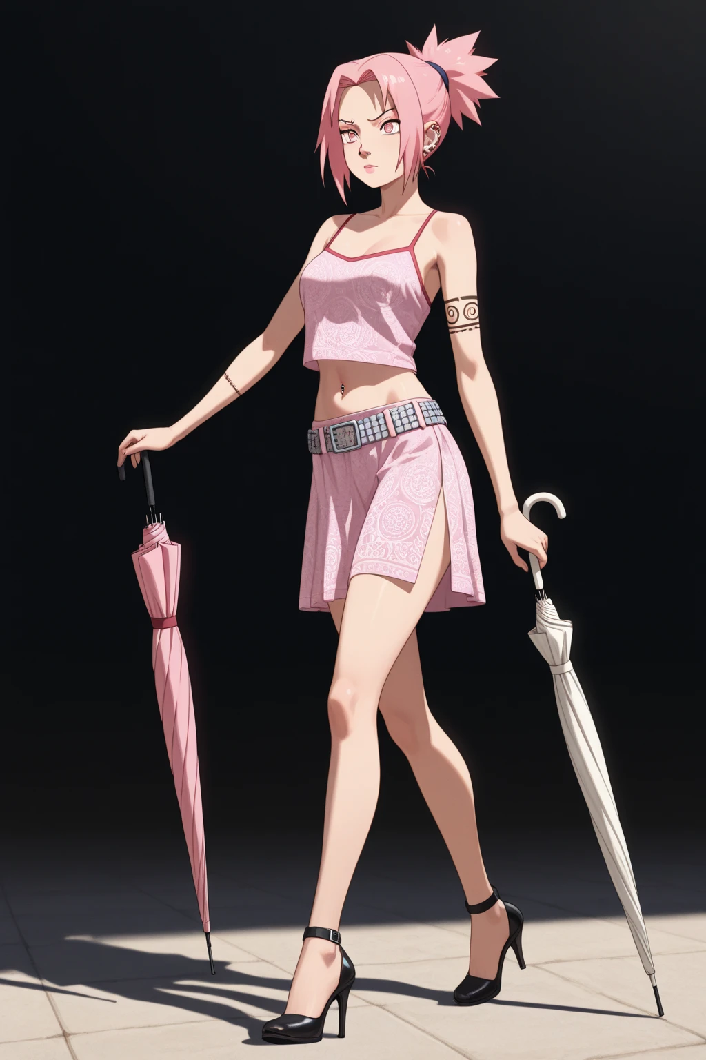 a beautiful sexy anime woman with a full pink kawai very short outfit and a katana