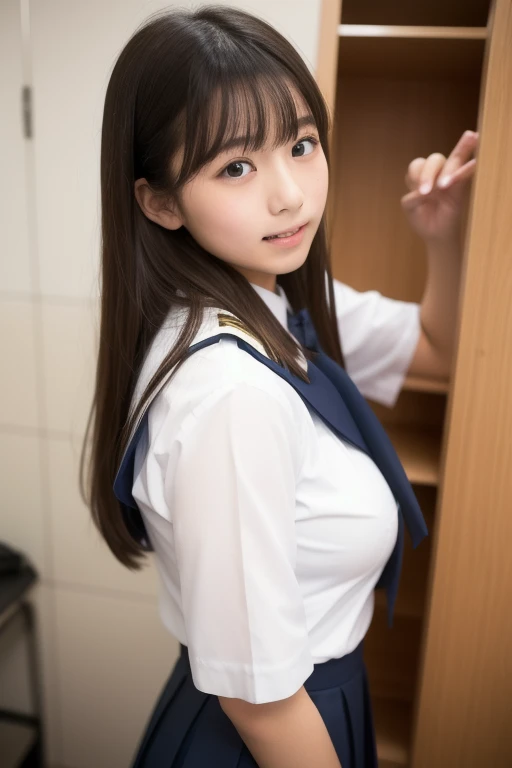 ((beautiful eyes with fine detail)), realistic skin, (intricate details), best lighting, depth field, ((ultra high resolution, high res)), {highres}, {{very fine 8KCG wallpapers}}, {{very precise detailed}}, ((((masterpiece)))), nsfw, 1girl,teenager, Blushing, smile, ((japanese uniform)),((showing nippls)), (small breast), ((navy blue pleated miniskirt)), ((skirt lift:1.7)), (tie),black socks, (panties), (((smartphone,selfie))), japanese high school classroom,