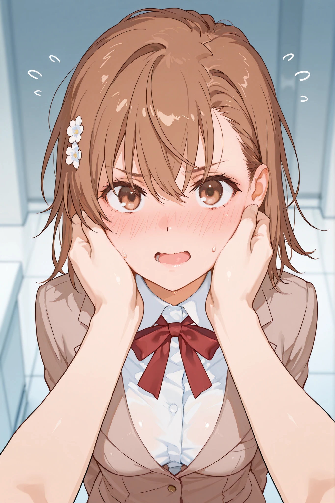 {{{masterpiece}}}, {{{best quality}}}, {{Ultra Details}}, {illustration}, {{very delicate and beautiful}} best quality Mikoto Misaka short hair brown hair hair, ,masterpiece,best quality,Amazing Quality Brown Eyes Cute Breasts openmouth complicated details, realistic lighting, Artistic Photorealism embarrassed Blushing Shiny skin (tokiwadai school uniform:1.2)((tokiwadai school uniform)) myroom hands on another's cheeks pov