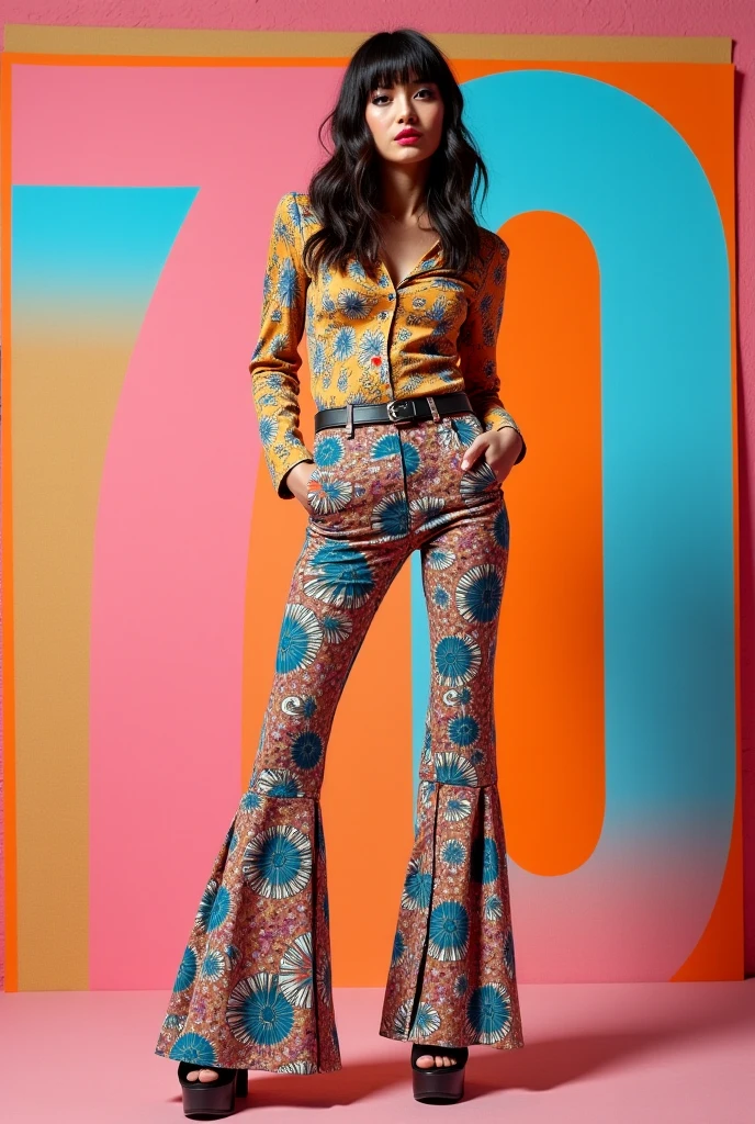 "70s fashion portrait, vibrant colors, flared pants, platform shoes, disco glam"