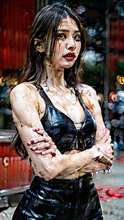 The fitness queen with abs was beaten violently,Abdominal muscle injury and bleeding,covered in wounds,covered in blood,Expression of pain