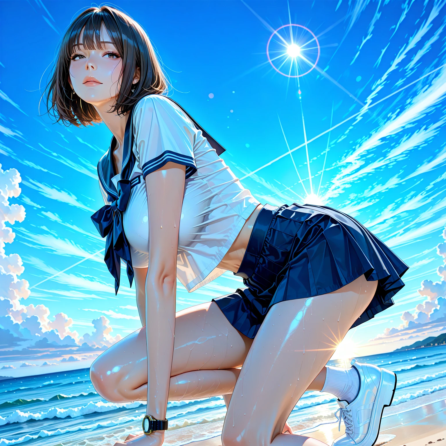 (superflat, flat shading, flat colors:1.1), (ruined city), multiple girls, (closeup), 18yo teen, slim, small breast, smile, tired, wading in water, white t-shirt, white panties, (mini skirt:1.1), view from below, (low angle), blue sky, bright sunlight, (flood:1.2), street under water, city ruins, watercolor, (topless:1.2), (water reflection:1.3)