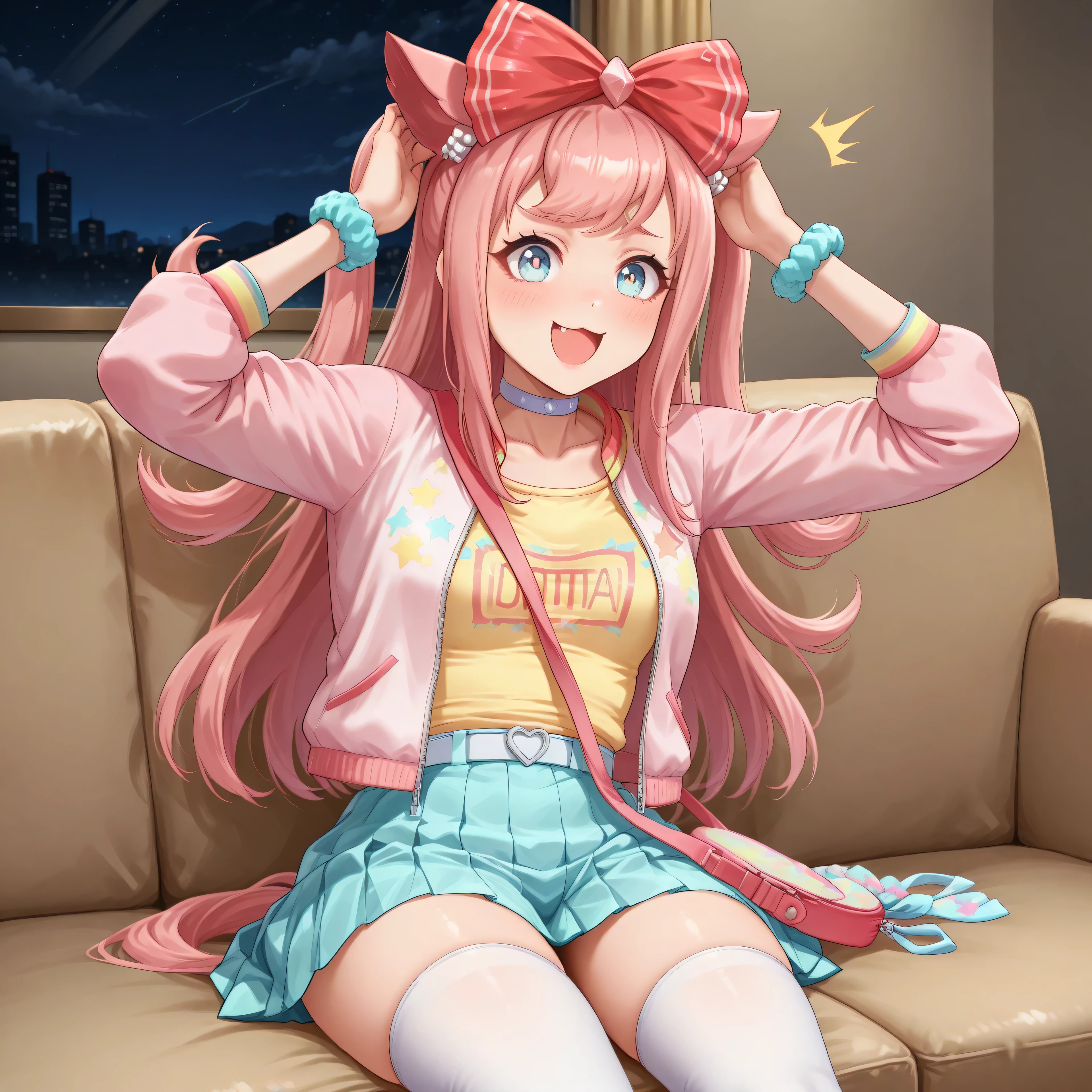 anime, lazypos, masterpiece, best quality, amazing quality, in dormatory, sitting on couch, looking at viewer, night, night time, hands on head, amazed, excited, 1girl, solo, agnes digital, hair bow, red bow, choker, pink jacket, open jacket, yellow shirt, wrist scrunchie, belt, blue skirt, pleated skirt, white thighhighs,
