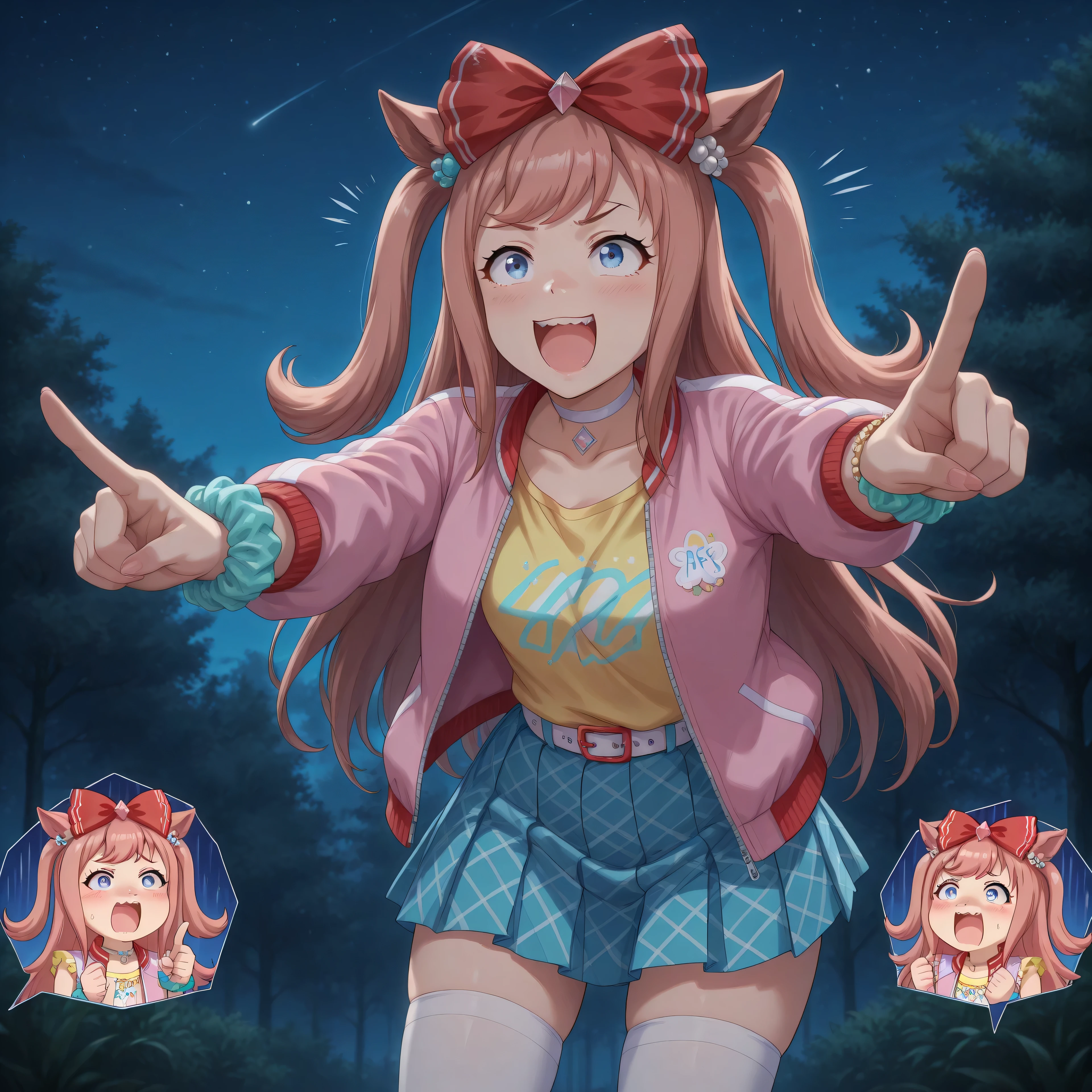 anime, lazypos, masterpiece, best quality, amazing quality, in dormitory, night, night time, 1girl, solo, agnes digital, hair bow, red bow, choker, pink jacket, open jacket, yellow shirt, wrist scrunchie, belt, blue skirt, pleated skirt, white thighhighs, hunched over, amazed, excited, comical expressions, pointing at an umamusume, kaogei,