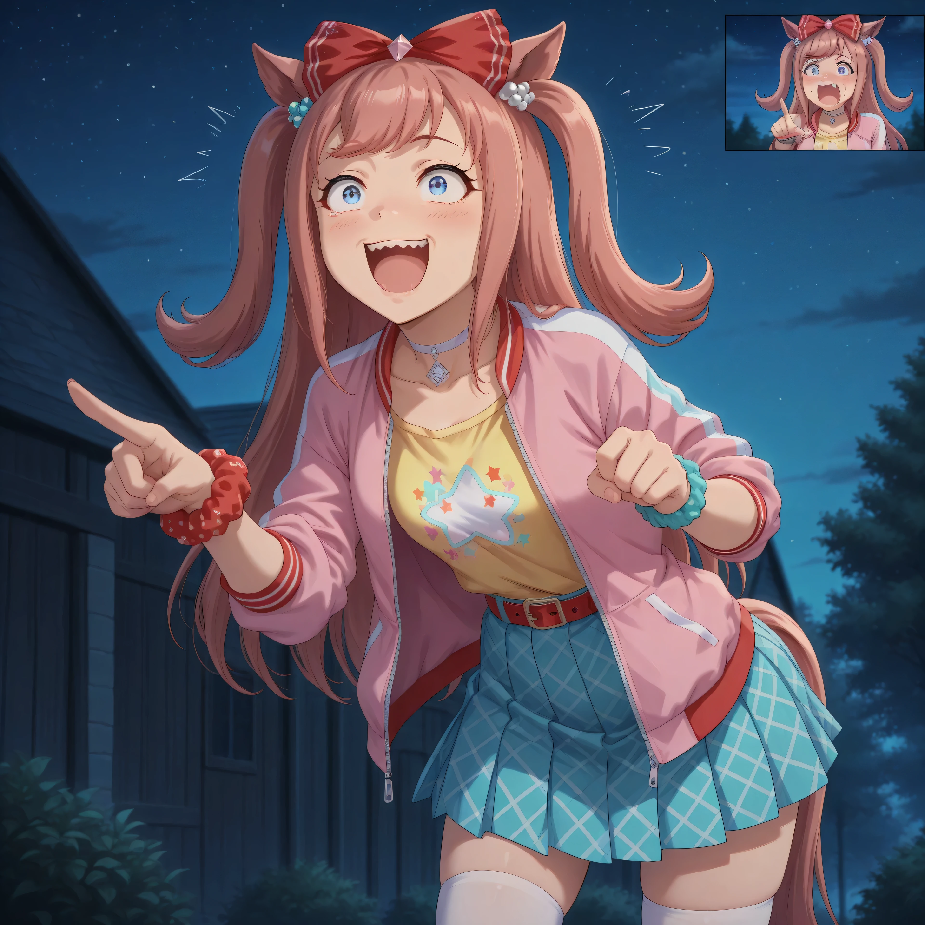 anime, lazypos, masterpiece, best quality, amazing quality, in dormitory, night, night time, 1girl, solo, agnes digital, hair bow, red bow, choker, pink jacket, open jacket, yellow shirt, wrist scrunchie, belt, blue skirt, pleated skirt, white thighhighs, hunched over, amazed, excited, comical expressions, pointing at an umamusume, kaogei,