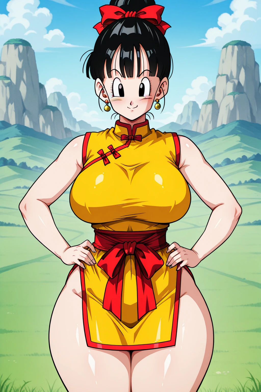 <lora:Chichi_DBZ:0.5>, Chichi_DBZ, black_eyes, black_hair, hair_bun, big_breasts, jewelry, earrings, ponytail, chinese_clothes