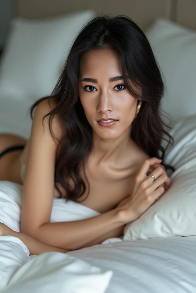 in 8K、Raw photography、Highest Quality、realisitic、Photorealsitic、Professional Lighting、masterpiece、Very delicate and beautiful woman).Woman lying on bed with elbows on bed, staring at me at night.She's wearing sexy black thong lingerie.upper body shot. 45 years old. Has big breasts of J cup.Beautiful woman with slender,looking camera,Suspicious expressions,